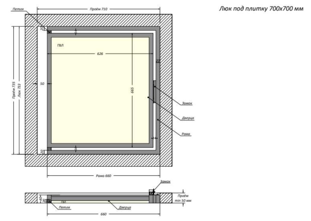 Люк одностворчатый Shagma 70х70 ревизионный под плитку ЛС700x700К 4 Люк одностворчатый Shagma 70х70 ревизионный под плитку ЛС700x700К — изображение 4